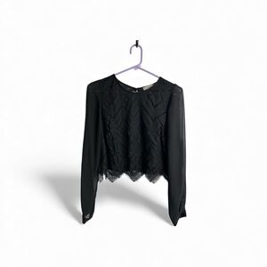 Chloe K Womens M Long Sleeve Lace Overlay Crop Blouse Black Y2K Grunge Goth 4628